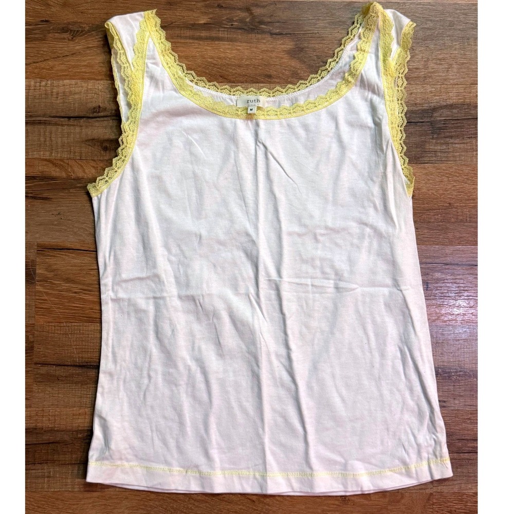 Ruth Tank Top White Yellow Lace Trim Cami Coquette Y2K M‎ Cottage